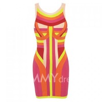 Multi-Colorful Print Sleeveless Scoop Neck Polyester Sexy Style Bandage Dress For Women